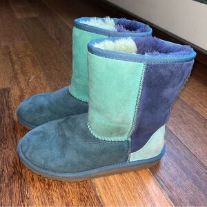 Girls UGG CLASSIC PATCHWORK SUEDE LEATHER COLOR BLOCK BOOTS vtg sz US3 blue/aqua